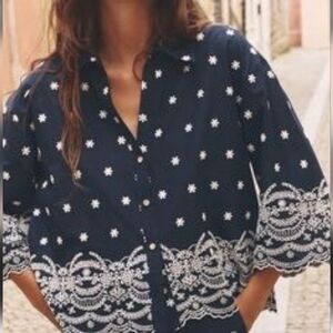 Zara Navy Embroidered Button Top Blouse